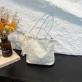 Sac fourre-tout à carreaux avec broderies marguerites et nœud en dentelle décoratif - Bleu