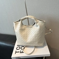 Cream white woven leather bucket bag with thick handle and detachable shoulder strap - Without Pendant / Off White