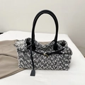 Large black and white tweed tote bag with black leather handles and gold metal clasp - Black Tweed