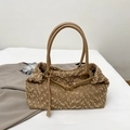 Brown fuzzy faux shearling tote bag with leather straps and gold buckle accents - Brown Bouclé