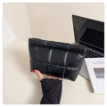 Chic black quilted puffy clutch bag for women with glossy finish and soft down-like texture - Black