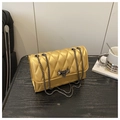 Elegante borsa a catena trapuntata dorata con fibbia a V su tavolo in legno - Oro
