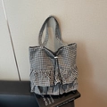 Fashionable black and white checkered tote bag with tiered ruffle pleats and drawstring - Black And White Gingham Ruffle Style / Black