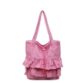 Pink gingham checkered tote bag with ruffled layers and a secure drawstring closure - Pink
