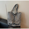 Chic black and white gingham tote bag featuring layered ruffles and drawstring closure - Black