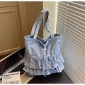 Blue gingham tote bag with ruffles and drawstring closure for daily commuting - Blue