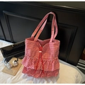 Red and white checkered tote bag with ruffled layers and drawstring for daily use - Burgundy