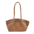 Brown suede minimalist shoulder bag with gold buckle detail and long handles - Khaki