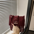 Burgundy suede shoulder bag featuring long fringes and a large metal buckle detail - Red
