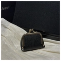 Mini black lychee grain leather coin purse with vintage gold kiss-lock closure - Black