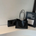 Minimalist large black tote bag and matching pouch set with premium matte leather texture - Black