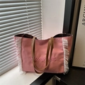 Pink canvas tote bag with Summer embroidery and white tassel fringe detail - Pink