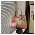 Pink and beige contrast color shoulder bag set with decorative scarf and mini charm - Pink