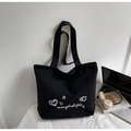 Large capacity black canvas tote bag with heart embroidery for daily casual use - Black