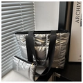 Quilted silver tote bag set with matching pouch and black woven straps for women - Silver