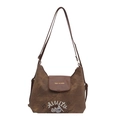 Borsa a tracolla vintage in tela marrone scuro con patta in pelle e dettagli stampati - Marrone