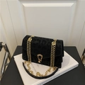 Retro black leopard print crossbody bag with gold chain strap and V-shape lock buckle - Black