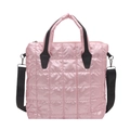 Pink quilted square tote bag with black handles and adjustable wide nylon shoulder strap - Pink