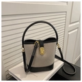 Fashionable gray canvas bucket bag with black leather stitching and gold lock buckle - Black