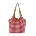 Classic red and white checkered tote bag with brown handles and a sweet bow detail - Khaki Reversible