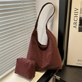Two-piece dark wine red tote bag with leopard print texture and matching pouch - Red