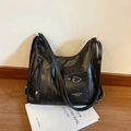 Large black vintage style hobo tote bag with adjustable strap and buckle pocket detail - Black