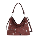 Brown faux suede tote bag with decorative silver metal eyelets and adjustable strap - No Pendant / Brown