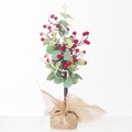 Albero di agrifoglio artificiale con bacche rosse e foglie di eucalipto in base di tela - Base Fiocco Iuta Bacca Rossa Eucalyptus (Stile 1)