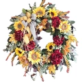 Deko-Herbstkranz mit Sonnenblumen und Ahornblättern und einer karierten Schleife für Türen - 48cm