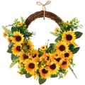 Vibrant artificial sunflower wreath with green leaves and a natural rattan vine base - Half Sunflower 40CM