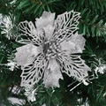 Sparkling silver glitter hollow Christmas flower ornament on a green pine tree branch - 15CM Large Size / Silver