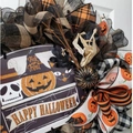 Ghirlanda di Halloween con rete scozzese arancione, zucca e targa con scheletro - Ghirlanda Happy Halloween