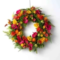 Bunter Kunstblumenkranz mit Rosen Sonnenblumen und Farnen auf weißem Hintergrund - Orangerote Rose