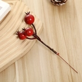 Close-up of three bright red artificial berries with realistic texture on a wooden table - Red (Red-3 head Pomegranate Fruit) / 6*18.5