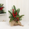 Miniature Christmas tree in rustic burlap bag with red berries and natural pinecones - Small Tree Style 4