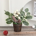 Mini Christmas tree variant in a rustic wood-textured pot with pine cones and berries - White Ball Cotton Style