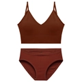 Sultry rust red V-neck lingerie set with ribbed knit texture and spaghetti straps - Caramel color