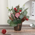 Mini artificial Christmas tree centerpiece with eucalyptus, pine cones and candy decor - Lollipop Red Berry Style