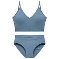 Seamless ribbed v-neck bralette and panty set in misty blue breathable knit fabric - Blue