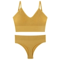 Seamless ginger yellow sports bra set in elastic ribbed knit fabric with thin straps - M (90-125 Jin) / Yellow