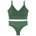 Seamless dark green ribbed knit lingerie set featuring a V-neck camisole and high waist briefs - M (90-125 Jin) / Green