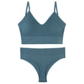 Dusty blue ribbed knit wireless bra and panties set with delicate V-neck camisole straps - M (90-125 Jin) / Blue