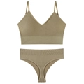 French style ribbed V-neck bralette and panty set in earthy brown-green finish - Khaki