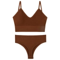 Seamless ribbed V-neck camisole set with matching thong in rust red finish - Caramel color