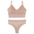 Seamless ribbed knit lingerie set in dusty pink featuring V-neck bra and matching thong - Light Pink