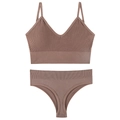 Brown ribbed seamless thin bra set with V-neck camisole and matching thong underwear - Dusty Pink