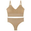 Seamless ribbed triangle bra and thong set in khaki with thin shoulder straps - Nude