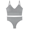 Grey seamless ribbed knit lingerie set featuring V-neck camisole and matching high-cut briefs - Silver Gray