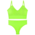 Lime green ribbed seamless sports bra and thong set with thin V-neck straps - Fluorescent Green