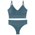 Conjunto de lencería de dos piezas de punto acanalado azul empolvado con top de pico y braga - M / Azul
